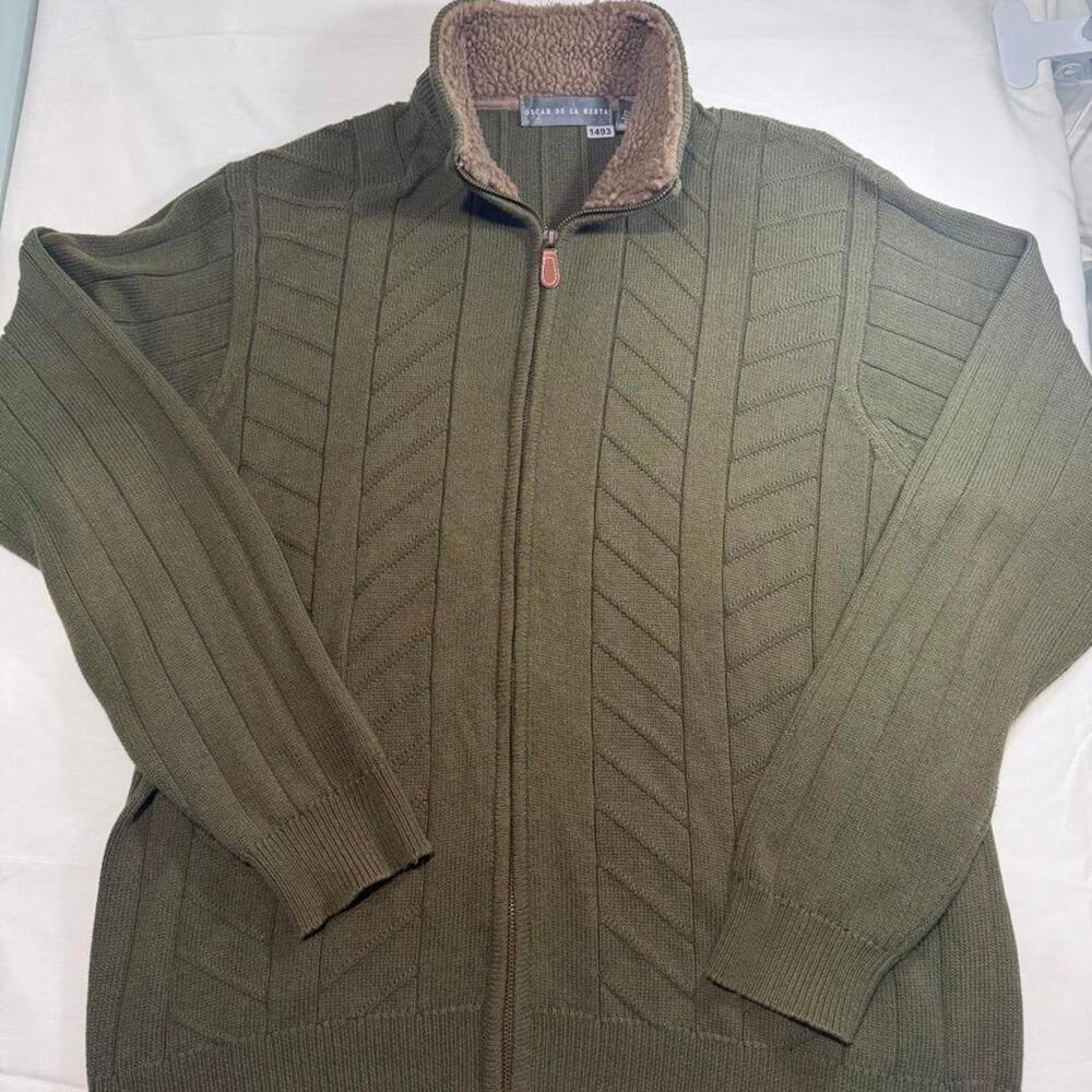 Oscar De La Renta Mens XL Olive Green Full Zip Sweater Sherpa Lined Collar - Picture 2 of 5